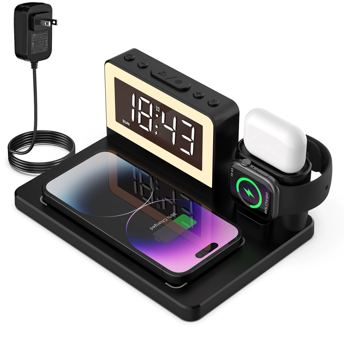 Multifunctional 5-in-1 Wireless Charger (15W) – Supports Alarm Clock and 7-Color Night Light