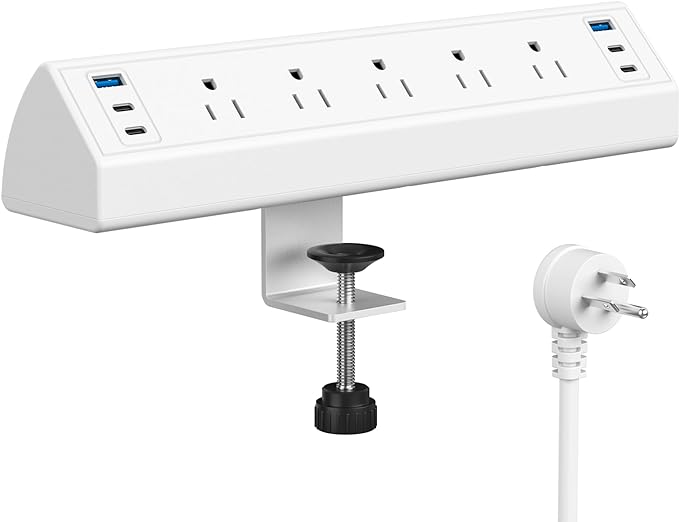 Jgstkcity Desk Clamp Power Strip USB C,Table Surge Protector | 1200J,Total 40W Charging Hub,5 Outlets & 6 USB,6FT Extension Cord,Fits 1.96" Desktop Edge,Office,Gaming,Dorm,White