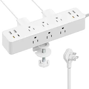Desk Clamp Power Strip 10FT, Acozvin 40W Total Fast Charging Station | 9 AC Outlets 8 USB Ports(4 USB C),2 PD20W USB C Ports,Flat Plug Extension Cord,Desk Edge Mount, Fit 1.7" Tabletop Edge, White