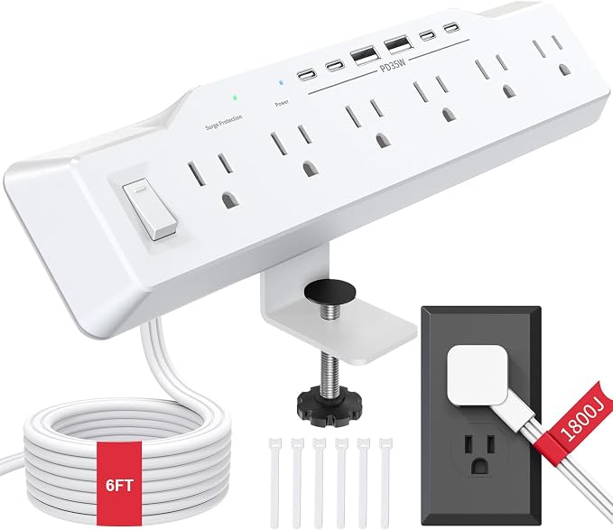 Desk Clamp Power Strip Surge Protector, 6 Outlets, Flat Plug, 1800J, 4 USB-C Ports (Any Port 35W), for Home & Office, Flame-Retardant PC-ABS Housing, Fits 1.96" Desk Edge, White