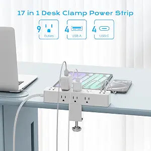 Desk Clamp Power Strip 10FT, Acozvin 40W Total Fast Charging Station - Black